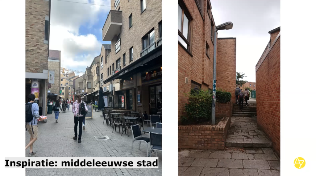 Geïnspireerd op de Middeleeuwse manier van bouwen. Louvain la Neuve en zo ook het Stadscentrum van Zoetermeer.